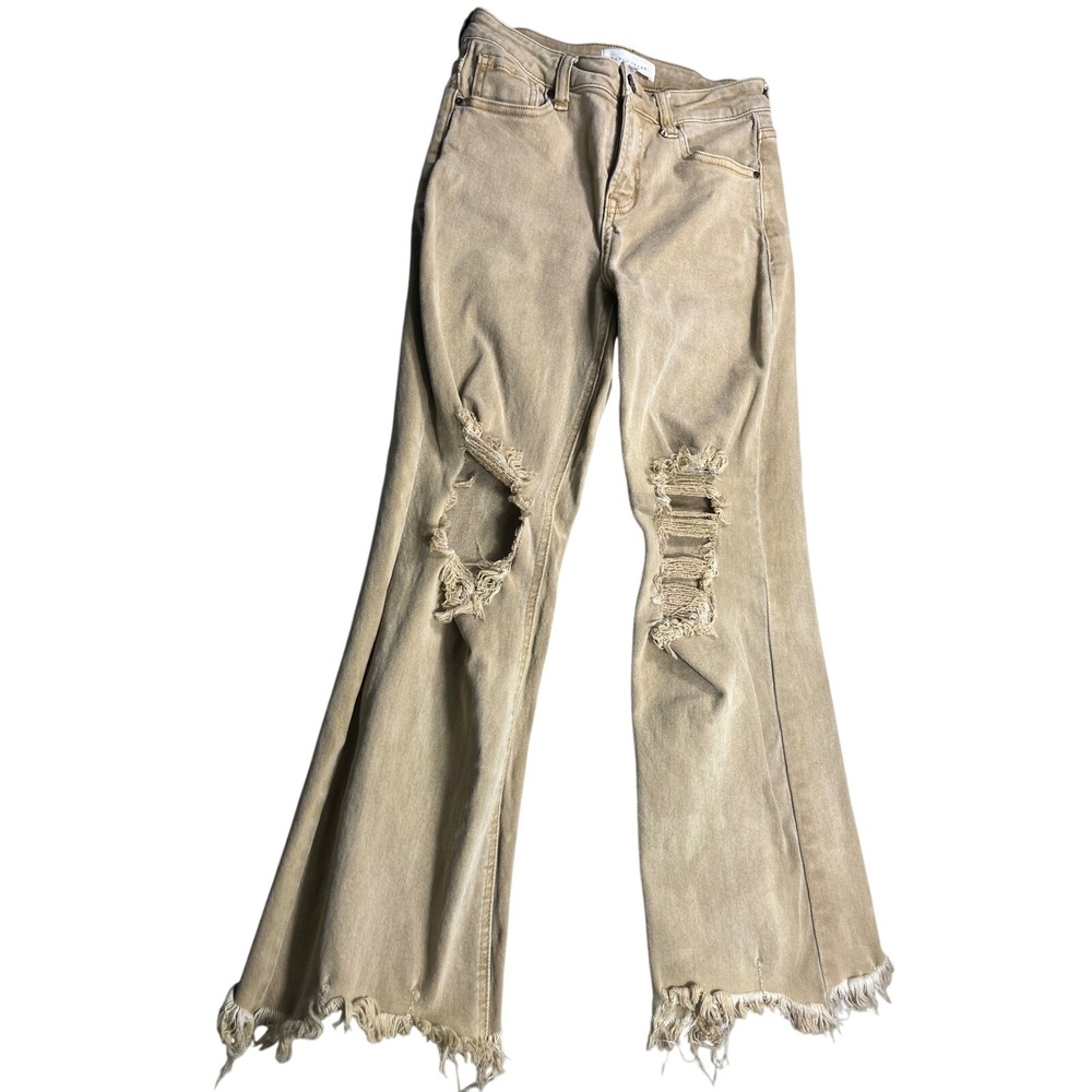 Risen Jeans 3/26 Tan Distressed High Rise Flare Raw Hem Jeans
